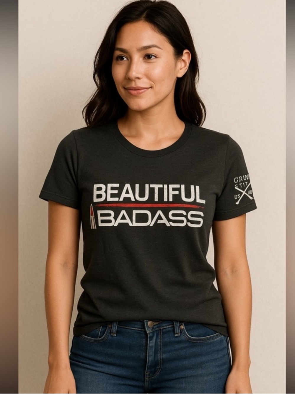 Grunt Style Beautiful Badass Women’s Large Black Patriotic Graphic Tee